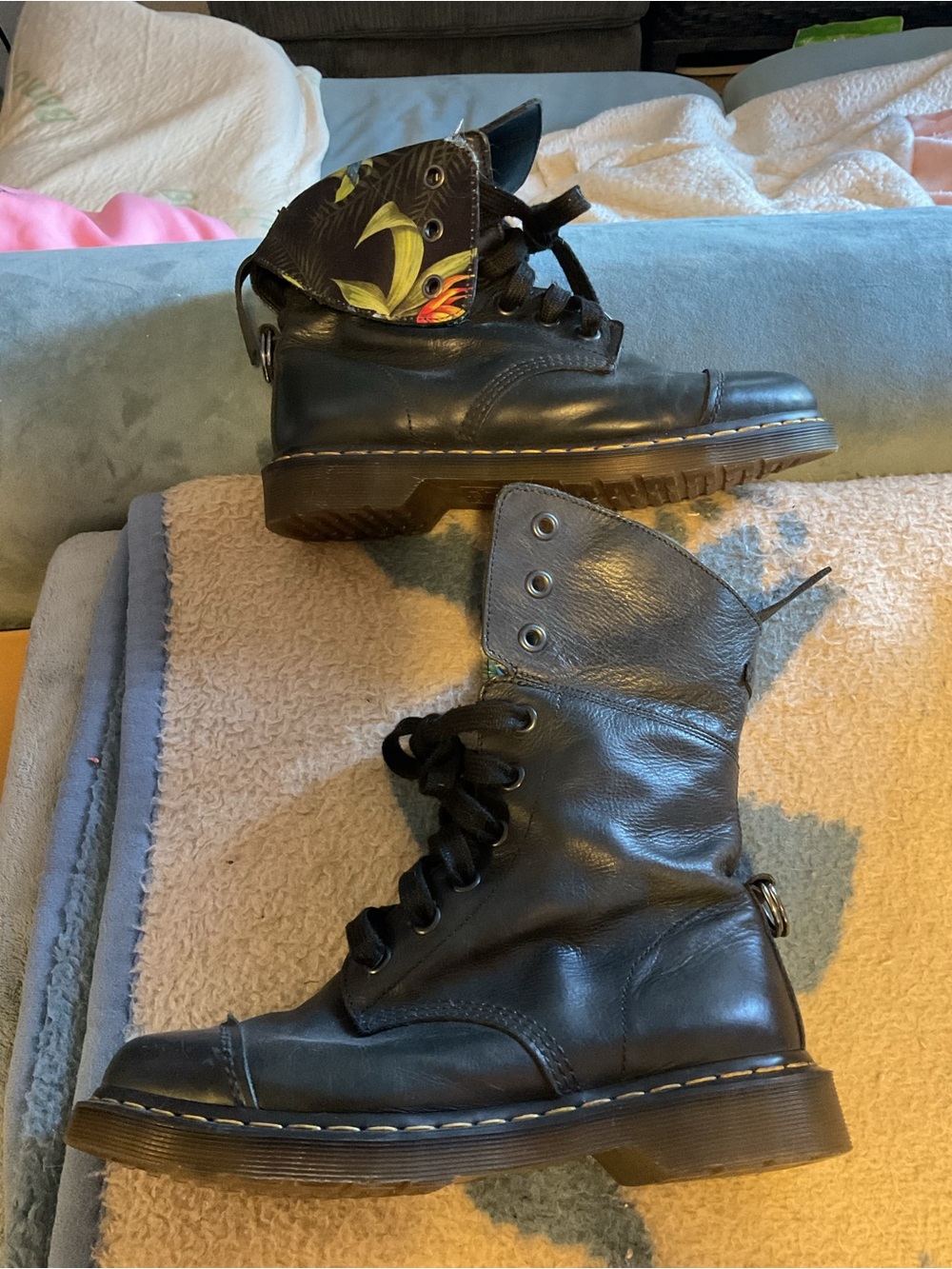 Dr. Martens Black Leather Lace-Up Boots with Floral Inner Cuff